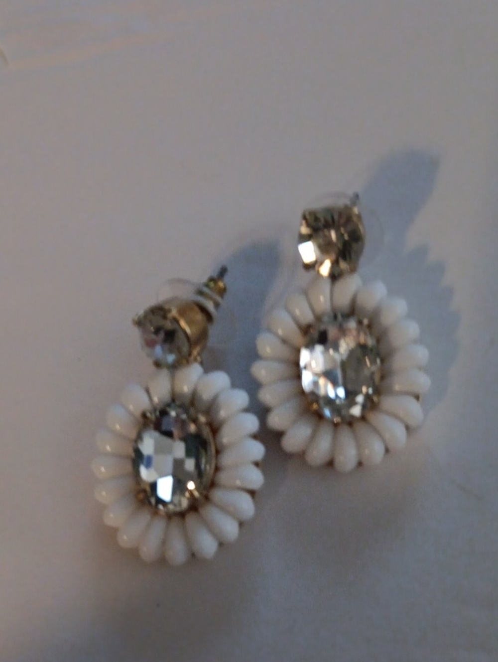 J. Crew White Beaded Drop Earrings with Clear Crystal Centers